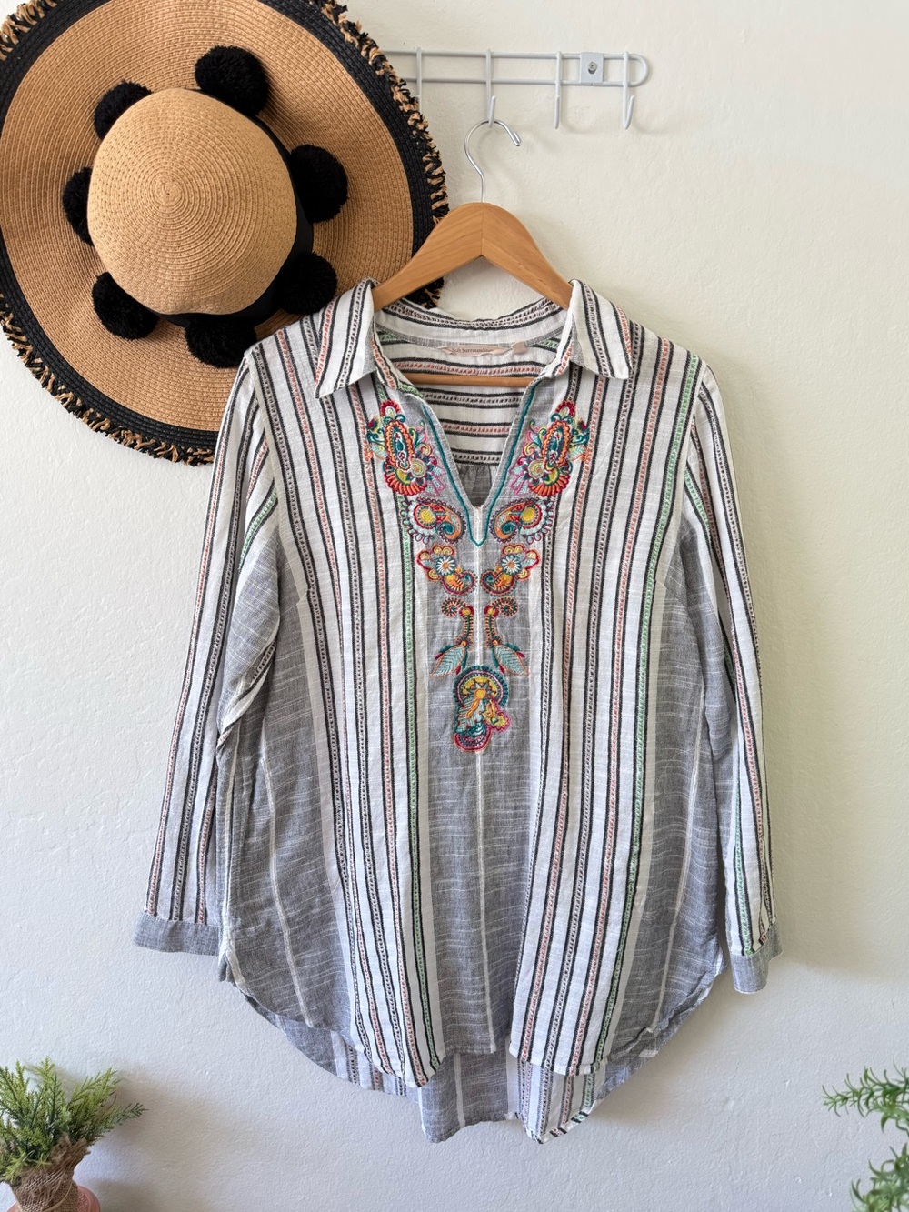 Soft Surroundings Embroidered Stripe Cotton Tunic Top Size Large Boho Lagenlook